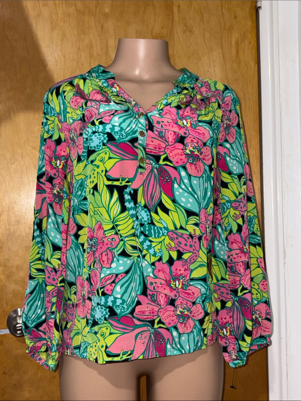 Lilly Pulitzer Tropical Floral Henley Blouse - Green & Pink